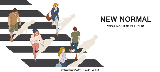 New Normal Lifestyle. People Wearing Mask In Public. Hand Drawn Vector Illustration.