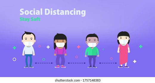 New normal lifestyle of People wearing face mask maintain social distancing. Vector illustration of Cartoon Character