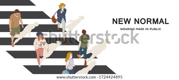 New normal lifestyle. People wearing mask\
in public. Hand drawn vector\
illustration.