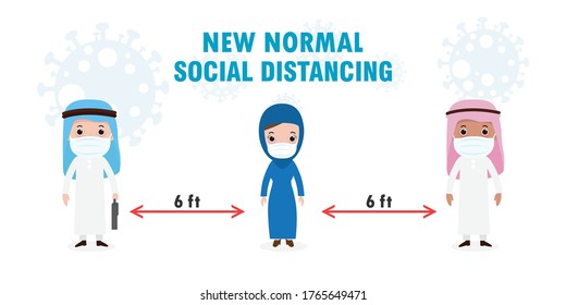 new normal lifestyle Social distancing concept with arab and muslim people wearing medical masks during covid-19. Coronavirus outbreak new normal lifestyle.avoid spreading illness of COVID-19.vector