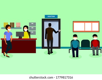 New normal lifestyle with social distancing peoples with mask keep distance when sitting in queue waiting for doctor in hospital or clinic reception waiting room 