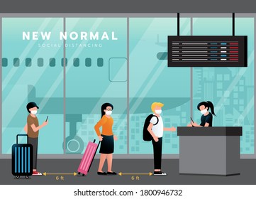 New normal lifestyle for social distancing queue for checkpoint at boarding gate. keep wearing medical face mask. corona virus or COVID-19. airport for travel and business. Vector illustration