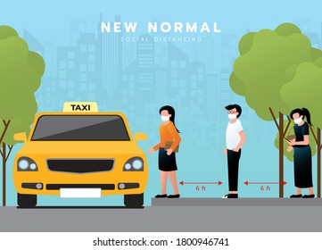 New normal lifestyle for social distancing at taxi queue. passengers keep space each other wearing medical mask after pandemic of corona virus or COVID-19. travel and business. Vector illustration