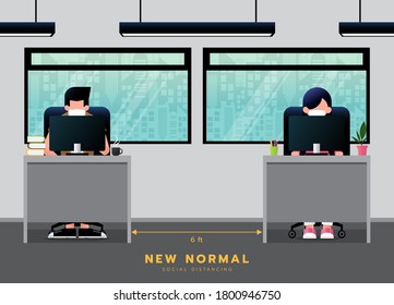 New normal lifestyle for social distancing at office room. Office worker wearing medical face mask. Keep your distance prevent pandemic of corona virus or COVID-19. Vector illustration