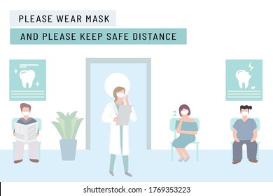 New normal lifestyle with social distancing.People wearing mask keep distance when sitting in queue, waiting for doctors.Hospital or Dental clinic reception waiting room .Protection pandemic covid-19 