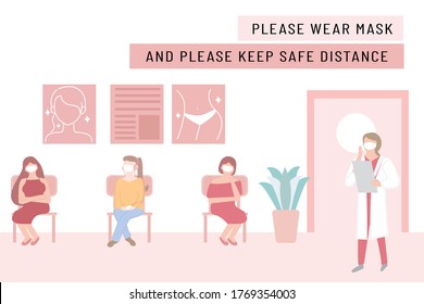 New Normal Lifestyle With Social Distancing.People Wearing Mask Keep Distance When Sitting In Queue, Waiting For Doctors.Hospital Or Beauty Clinic Reception Waiting Room .Protection Pandemic Covid-19 