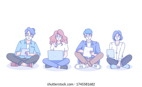 New normal lifestyle for study concept design of vector. Doodle illustration style.