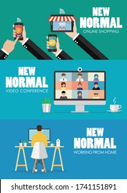 New normal lifestyle technology concept. After the Coronavirus or Covid-19 causing the way of life of humans to change to new normal. vector illustration