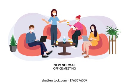 New normal lifestyle vector illustration, Business office people wearing masks while meeting