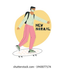 New normal lifestyle Young asian man on skateboard wearing mask in public place. Activities with trendy face mask. Flat vector cartoon illustration with hand drawn lettering isolated white background