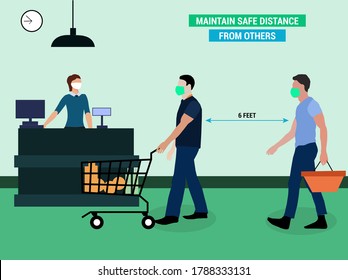 New normal maintain a safe distance at the supermarket, restaurant, shop and cafe re-opening. safe trip to shopping concept. Social distancing corona virus covid-19 prevention