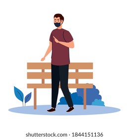 New normal of man with mask and bench design of covid 19 virus and prevention theme Vector illustration