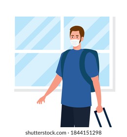 New normal of man with mask and travel bags in front of window design of covid 19 virus and prevention theme Vector illustration