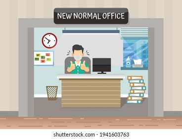The new normal mask on the workplace social distancing table for the COVID 19 coronavirus, a vector for promotion and design