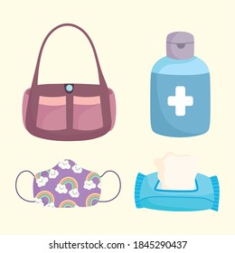 new normal, medical mask tissue paper alcohol and bag icons vector illustration