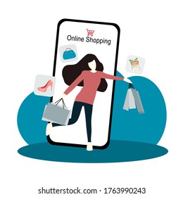 New normal Mobile shopping concept. A woman , a girl buy things in the online store via mobile device. Shopping on social networks through phone flat design style. Online shopping vector illustration.