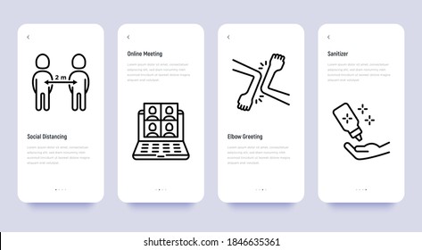 New normal mobile user interface with thin line icons: social distancing, online meeting, elbow greeting, sanitizer. Coronavirus prevention measures. Vector illustration, template with copy space.