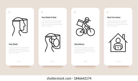 New normal mobile user interface with thin line icons:  face shield, surgical mask, safety delivery at home, working at home. Coronavirus prevention measures. Vector illustration.