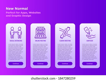 New normal mobile user interface with thin line icons: social distancing, online meeting, elbow greeting, sanitizer. Coronavirus prevention measures. Vector illustration.