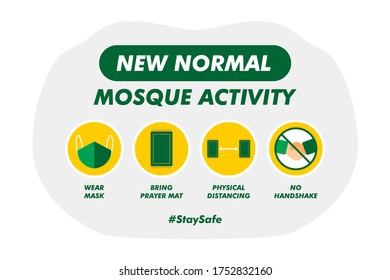 New Normal Mosque Activity - Vector Flat Design Illustration : Suitable for Islamic Theme, Lifestyle Theme, Education Theme, Health / Medical Theme, Infographics and Other Graphic Related Assets.