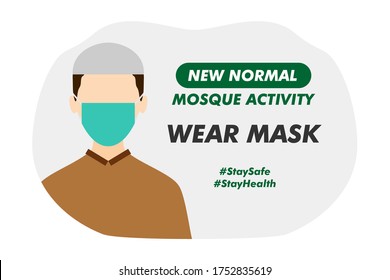 New Normal Mosque Activity - Wear Mask - Vector Flat Design Illustration : Suitable for Islamic Theme, Lifestyle Theme, Education Theme, Health Theme, Infographics and Other Graphic Related Assets.