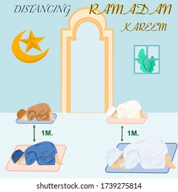 New normal for Muslim family Pray for Ramadan Kareem by keep distance 1m.by each other For safe from coronavirus.vector illustration 