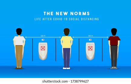  Nueva norma normal o nueva Distancia social en los retretes públicos Hombres para vivir la vida después de COVID-19 Ilustración vectorial en el fondo