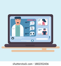 New normal online healthcare medical consultation ,Online doctor, physician 
and patient consultation video conferencing on laptop flat vector style,vector illustration