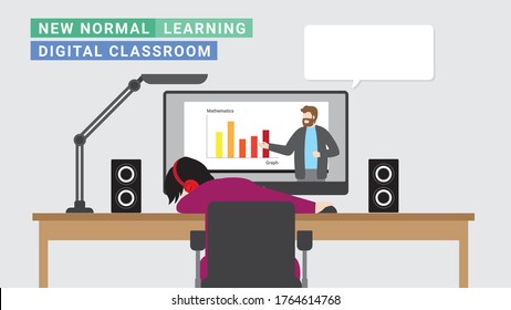 New normal online lifestyle. Using computer screen for learning from digital teacher at home. Sleeping from tired of studying. Distance education concept. Vector Illustration flat style minimal design