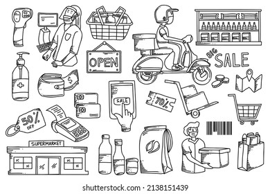 New Normal Online Shop Doodle Design. Retail Store Outline Sketch