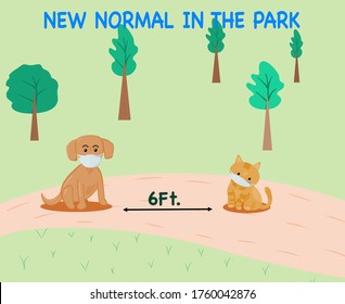 New normal at park for pets should be stay keep social distancing and wearing mask too for safe from coronavirus.vector illustration 