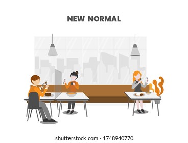 New normal, people having foods with suitable seating arrangements and table shield in restaurant or cafe for keep a safe distance (Physical distancing). COVID-19 outbreak prevention. - vector