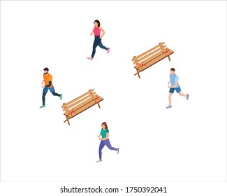 New normal for people jogging and keeping social distance on coronavirus COVID-19 outbreak quarantine. Daily exercise outside. Flat vector illustration