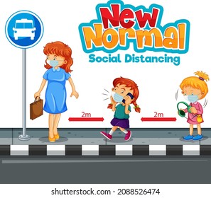 New Normal with people keeping social distancing illustration