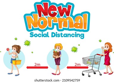 New Normal with people keeping social distancing illustration