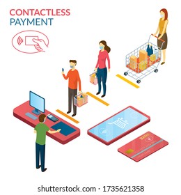 New Normal, People In Social Distancing And Contactless Payment, Shopping In Mart And Store, Prevention Of Coronavirus Covid-19 