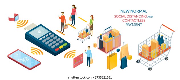 New Normal, People in Social Distancing and Contactless Payment, Shopping Mall and Store, Prevention of Coronavirus Covid-19 