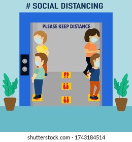New normal people stand and keep distance in elevator.vector illustration 