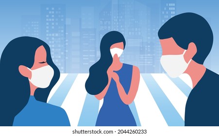 New normal, people wearing face mask walking on street. Protection from covid-19 disease pandemic vector illustration