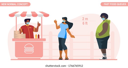 New normal physical distancing concept. People wear medical mask and keep distance at fast food store queues to protect from COVID-19 Coronavirus. Scalable and editable flat style vector illustration.