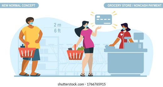 New Normal Physical Distancing Concept. People Wear Medical Mask And Keep Distance At The Grocery Store Or Supermarket Cashier To Protect From COVID-19 Coronavirus. Scalable And Editable Vector.