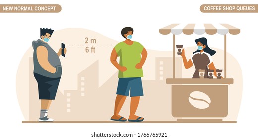 New normal physical distancing concept. People wear medical mask and keep distance at coffee shop queues to protect from COVID-19 Coronavirus. Scalable and editable flat style vector illustration.