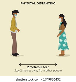 New normal: physical distancing design concept. Keep distance in public society people to protect from COVID-19 coronavirus outbreak spreading. Vector illustration