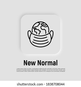 New normal: planet Earth in surgical mask thin line icon. Global infection of Covid-19. Vector illustration.