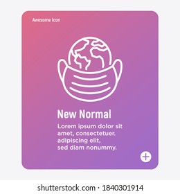 New normal: planet Earth in surgical mask thin line icon. Global infection of Covid-19. Vector illustration.