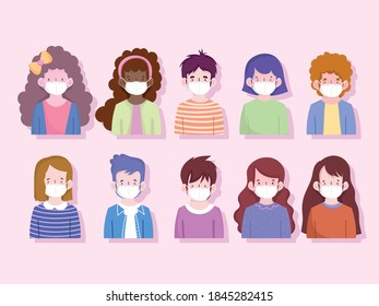 new normal, portrait boys and girls with protective masks, prevention covid 19 vector illustration