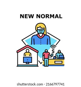 New Normal Protect Vector Icon Concept. Wearing Protective Facial Mask In Public Place, Contactless Payment In Store And Remote Working At Home New Normal Of Health Protection Color Illustration