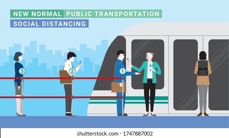 New normal public transportation city lifestyle after pandemic. Office people stand apart at queue line for temperature and hand sanitizer checkpoint. Protection is social distance and wearing mask.