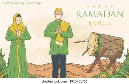 nueva normal ramadan kareem, seguir usando mascarilla durante el ramadán, ilustración dibujada a mano.