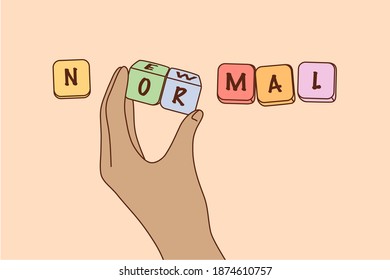 New normal reality after epidemic concept. Human hand forming new normal lettering from colourful wooden cubes meaning post-lockdown after coronavirus pandemic and outbreak illustration